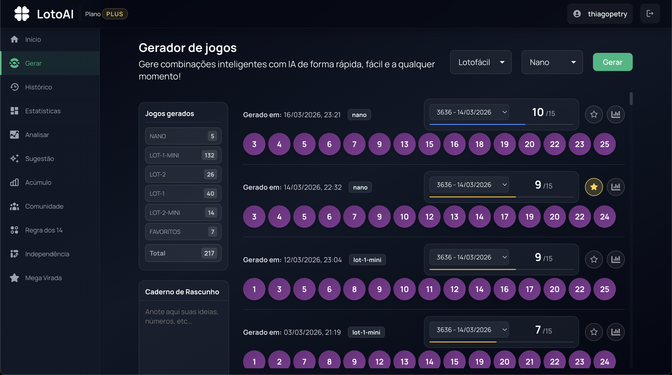 Gerador de jogos do LotoAI